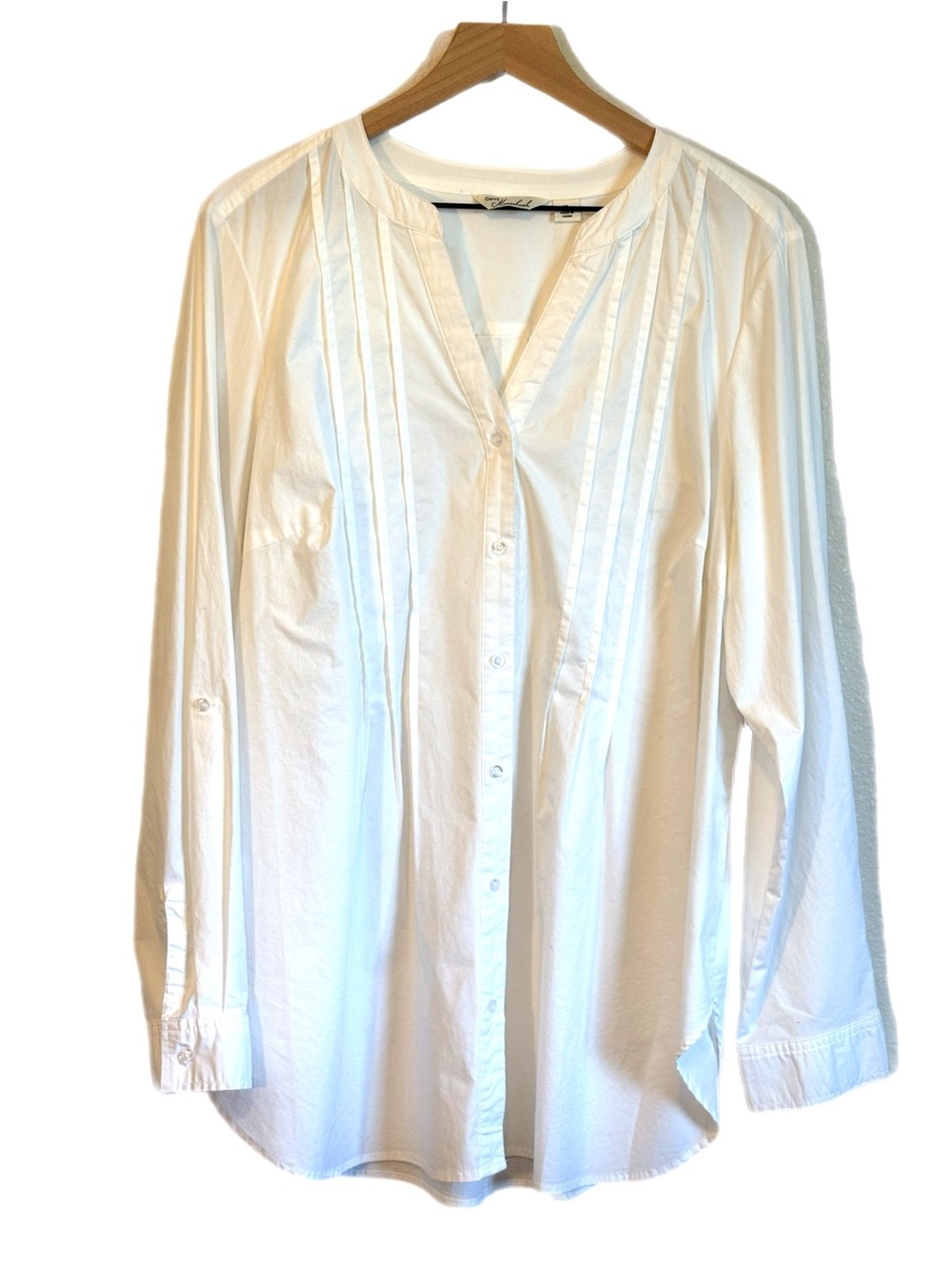 Pintuck Pleated Cotton Stretch V-Neck Roll Tab Button-Down Shirt White XL Staple